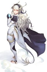 Rule 34 | 1girl, armor, barefoot, black gloves, cape, closed mouth, corrin (female) (fire emblem), corrin (fire emblem), dragon girl, dragon horns, dragon tail, fire emblem, fire emblem fates, from side, full body, gloves, holding, horns, long hair, looking to the side, nintendo, pointy ears, red eyes, robaco, solo, tail, transformation, white hair