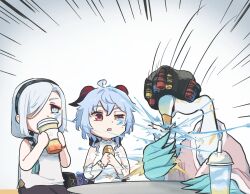 Rule 34 | 2girls, afro, bathrobe, bell, blue eyes, blue hair, braid, chinese commentary, cloud retainer (genshin impact), commentary request, cowbell, cup, disposable cup, emphasis lines, failure, ganyu (genshin impact), ganyu (heytea) (genshin impact), genshin impact, goat horns, hair over one eye, hair rollers, highres, holding, holding cup, horns, interlocked fingers, long hair, low-braided long hair, low-tied long hair, multiple girls, neck bell, open mouth, pink rope, purple eyes, rope, shenhe (genshin impact), shenhe (heytea) (genshin impact), shirt, sleeveless, sleeveless shirt, splashing, white hair, white shirt, wince, xianyun (genshin impact), xinzoruo