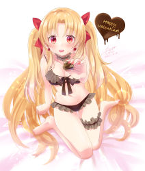 Rule 34 | 1girl, absurdres, alternate costume, bikini, black bikini, blonde hair, bridal garter, chocolate, choker, commentary, earrings, ereshkigal (fate), fate/grand order, fate (series), food, frilled choker, frills, heart, heart earrings, highres, holding, holding food, jewelry, looking at viewer, mochizuki shion, nail polish, neck, red eyes, red nails, red ribbon, ribbon, seiza, sitting, solo, swimsuit, valentine