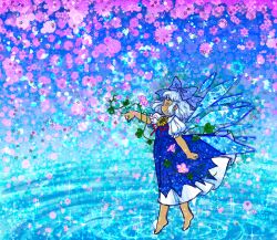 Rule 34 | 1girl, aemulatorizrafel, artist name, barefoot, blue background, blue bow, blue dress, blue hair, blue theme, bow, cirno, cirno day, closed eyes, closed mouth, colored eyelashes, dark-skinned female, dark skin, detached wings, dress, flower, from side, full body, highres, ice, ice wings, leaf, light smile, pinafore dress, pink background, puffy short sleeves, puffy sleeves, shirt, short sleeves, sleeveless, sleeveless dress, solo, sunflower, tanned cirno, touhou, water, white shirt, wings, yellow flower