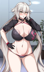 Rule 34 | 1girl, ahoge, areola slip, bikini, black bikini, black gloves, black jacket, breasts, choker, cleavage, cleft of venus, covered erect nipples, cropped jacket, fate/grand order, fate (series), gloves, huge breasts, jacket, jeanne d&#039;arc alter (swimsuit berserker) (fate), jeanne d&#039;arc (fate), jeanne d&#039;arc alter (fate), jeanne d&#039;arc alter (swimsuit berserker) (fate), long hair, long sleeves, looking at viewer, muta poo, navel, o-ring, o-ring bikini, open mouth, shrug (clothing), silver hair, solo, swimsuit, thighs, very long hair, yellow eyes