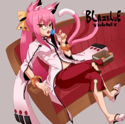 Rule 34 | 1girl, animal ears, arc system works, blazblue, book, cat ears, cat girl, cat tail, female focus, glasses, grey background, kokonoe (blazblue), open mouth, pink hair, sitting, solo, tail, yellow eyes