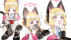 Rule 34 | 1girl, animal ear headphones, animal ears, black footwear, blonde hair, blue archive, blue necktie, blush, boots, cat ear headphones, cat tail, fake animal ears, furrowed brow, halo, headphones, highres, holding, holding boots, holding clothes, holding footwear, momoi (blue archive), necktie, notice lines, open mouth, pink eyes, pink halo, shinbashi seiji, solo, tail, white background