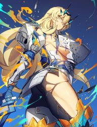 Rule 34 | armor, ass, barghest (fate), barghest (first ascension) (fate), biceps, blonde hair, broken armor, fate/grand order, fate (series), fire, heterochromia, long hair, looking back, melon22, muscular, muscular female, official art, sword, thighs, torn clothes, weapon