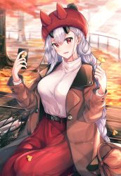 Rule 34 | 1girl, absurdres, autumn, autumn leaves, bag, beanie, belt, belt buckle, bench, bobblehat, book, breasts, brown coat, buckle, cellphone, coat, day, fate/grand order, fate (series), ginkgo leaf, gu luco, handbag, hat, highres, holding, holding phone, horns, huge filesize, large breasts, leaf, light rays, long hair, long skirt, long sleeves, looking at viewer, on bench, oni horns, open clothes, open coat, open mouth, outdoors, park, park bench, phone, red eyes, red hat, red skirt, shopping bag, silver hair, sitting, skirt, smartphone, smile, solo, sunbeam, sunlight, sweater, tomoe gozen (fate), tree, very long hair, white sweater