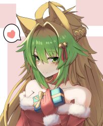 Rule 34 | 1girl, ahoge, animal ears, atalanta (fate), bare shoulders, bell, blonde hair, box, braid, closed mouth, detached sleeves, dress, eyeshadow, fate/grand order, fate (series), fur-trimmed dress, fur trim, gift, gift box, gloves, gradient hair, green eyes, green hair, heart, highres, holding, holding gift, jingle bell, looking at viewer, makeup, multicolored hair, nahu, off-shoulder dress, off shoulder, red dress, red gloves, santa dress, sidelocks, simple background, smile, solo, spoken heart, upper body
