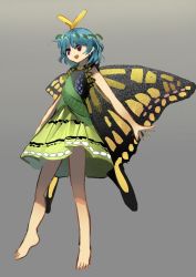 Rule 34 | 1girl, antennae, aqua hair, bare legs, barefoot, butterfly wings, dress, eternity larva, fairy, full body, green dress, grey background, hair between eyes, highres, insect wings, leaf, leaf on head, multicolored clothes, multicolored dress, one-hour drawing challenge, open mouth, purple eyes, short hair, simple background, single strap, smile, solo, suna (s73d), touhou, wings