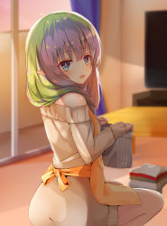 Rule 34 | 1girl, :d, ameth (princess connect!), aono (f i s), apron, bad id, bad pixiv id, blue eyes, blurry, blurry background, braid, brown sweater, curtains, depth of field, dress, folded clothes, green hair, hair over shoulder, highres, holding, indoors, long hair, long sleeves, looking at viewer, looking back, multicolored hair, off-shoulder sweater, off shoulder, on floor, open mouth, orange apron, pointy ears, princess connect!, purple hair, seiza, sitting, sleeves past wrists, smile, solo, sunset, sweater, sweater dress, table, two-tone hair
