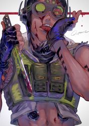 Rule 34 | 1boy, abs, absurdres, apex legends, bad id, bad pixiv id, balisong, black gloves, blood, blood on face, bloody weapon, cropped jacket, cropped vest, fingerless gloves, gloves, green eyes, green vest, grey jacket, highres, holding, holding knife, jacket, kawaniwa, knife, licking, licking hand, male focus, navel, octane (apex legends), one eye covered, solo, tongue, tongue out, upper body, vest, weapon