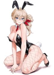 Rule 34 | 1girl, absurdres, animal ears, bare arms, bare shoulders, black footwear, black leotard, blonde hair, blue eyes, blush, breasts, closed mouth, commentary request, detached collar, fake animal ears, fake tail, fishnet pantyhose, fishnets, full body, high heels, highres, kneeling, korean commentary, large breasts, leotard, lillly, long hair, looking at viewer, necktie, original, pantyhose, playboy bunny, rabbit ears, rabbit tail, red necktie, simple background, smile, solo, tail, white background