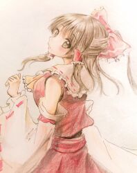 Rule 34 | 1girl, ascot, collar, colored pencil (medium), detached sleeves, frilled collar, frills, hair ribbon, hair tubes, hakurei reimu, long hair, orya 422, red ribbon, red skirt, red vest, ribbon, skirt, sleeveless, solo, touhou, traditional media, vest, white background, wide sleeves, yellow ascot