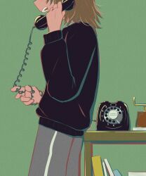 Rule 34 | 1boy, absurdres, antique phone, avogado6, black sweater, book, brown hair, cable, commentary request, corded phone, from side, grey pants, hand up, head out of frame, highres, holding, holding cable, holding phone, long sleeves, male focus, medium hair, messy hair, open mouth, original, pants, phone, profile, rotary phone, shadow, shelf, smile, solo, sweater, talking on phone