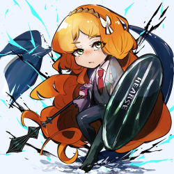 Rule 34 | 1girl, black jacket, black pants, black suit, chibi, closed mouth, collared shirt, commentary request, formal, freckles, hair ribbon, hairband, holding, holding shield, holding weapon, ishmael (project moon), jacket, limbus company, long hair, nakame77, necktie, orange hair, pants, project moon, red necktie, ribbon, shield, shirt, solo, suit, very long hair, weapon, white ribbon, white shirt, yellow eyes