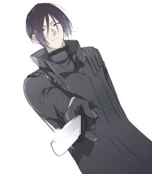 Rule 34 | 1103torenia, 1boy, black coat, black gloves, bustafellows, coat, dutch angle, foreshortening, frown, glint, gloves, holding, holding knife, holding weapon, knife, male focus, purple hair, red eyes, simple background, solo, trench coat, weapon, white background, yang (bustafellows)
