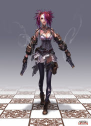 Rule 34 | 1girl, anima, belt, black thighhighs, boots, breasts, cleavage, corset, detached sleeves, dual wielding, earrings, gloves, gradient hair, gun, hair over one eye, highres, holding, holster, jewelry, kira (anima), large breasts, multicolored hair, pouch, purple eyes, skirt, smoke, solo, spiked hair, tattoo, thighhighs, torn clothes, weapon, wen-m