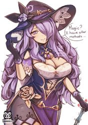 Rule 34 | 1girl, adjusting clothes, adjusting headwear, alternate costume, anger vein, bare shoulders, breasts, camilla (fire emblem), capelet, cleavage, closed mouth, clothing cutout, commentary, cosplay, dress, english commentary, english text, fire emblem, fire emblem fates, flower, flower hat, genshin impact, gloves, hair over one eye, hat, highres, hinahaii, holding, jewelry, large breasts, lips, lisa (genshin impact), lisa (genshin impact) (cosplay), long hair, looking at viewer, nintendo, pendant, purple capelet, purple dress, purple eyes, purple flower, purple gloves, purple hair, purple hat, purple rose, rose, shoulder cutout, simple background, smile, solo, speech bubble, twitter username, watermark, wavy hair, white background, witch hat, yellow flower, yellow rose