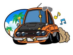 Rule 34 | car, choro-q, dust, highres, kouki (ky1202281), license plate, motor vehicle, musical note, no humans, orange car, palm tree, shutter shades, tree, vehicle focus, vehicle request