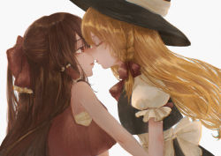 Rule 34 | 2girls, absurdres, apron, black dress, blonde hair, bow, braid, commentary, commentary request, dress, closed eyes, face-to-face, frilled bow, frilled dress, frills, hair bow, hair tubes, hakurei reimu, hat, highres, huge filesize, imminent kiss, kirisame marisa, lips, long hair, looking at another, moe buta, multiple girls, nontraditional miko, puffy sleeves, red eyes, short sleeves, side braid, single braid, tongue, tongue out, touhou, waist apron, white bow, witch hat, yuri