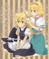Rule 34 | 2girls, alice margatroid, apron, bad id, bad pixiv id, blonde hair, blue dress, brown eyes, capelet, dress, female focus, hairdressing, hat, unworn hat, unworn headwear, indian style, kirisame marisa, kneeling, looking at viewer, multiple girls, natsume (menthol), parted lips, puffy short sleeves, puffy sleeves, short sleeves, simple background, sitting, spread legs, striped, striped background, touhou, waist apron, witch, witch hat, yuri