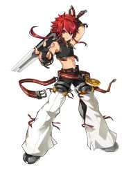 Rule 34 | 1boy, belt, black gloves, black pants, buckle, chaps, closed mouth, elsword, elsword (character), fingerless gloves, full body, gloves, highres, holding, holding sword, holding weapon, long hair, looking at viewer, male focus, messy hair, midriff, navel, official art, pants, ponytail, red eyes, red hair, ress, rune slayer (elsword), smile, solo, standing, sword, tattoo, transparent background, weapon