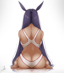Rule 34 | 1girl, animal ears, ass, bad id, bad pixiv id, bare back, barefoot, butt crack, competition swimsuit, dark-skinned female, dark skin, fate/grand order, fate (series), from behind, highleg, highleg swimsuit, jackal ears, long hair, nitocris (fate), nitocris (fate/grand order), nitocris (swimsuit assassin) (fate), nitocris (swimsuit assassin) (second ascension) (fate), one-piece swimsuit, purple hair, shoulder blades, sitting, solo, swimsuit, taruneko, very long hair, wariza, white one-piece swimsuit