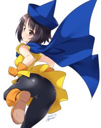 Rule 34 | 1girl, alena (dq4), alena (dq4) (cosplay), alina (girls und panzer), artist name, ass, black hair, black pants, black pantyhose, blue hat, blush, boots, breasts, brown eyes, cameltoe, cape, cosplay, dated, girls und panzer, gloves, hat, highres, kuzuryuu kennosuke, leg up, looking back, medium breasts, open mouth, orange footwear, orange gloves, pants, pantyhose, shiny clothes, simple background, skin tight, solo, white background