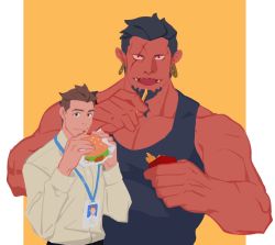Rule 34 | 2boys, alternate costume, bara, bare shoulders, black hair, black tank top, boyfriend (likaou), brown hair, burger, colored skin, couple, earrings, facial hair, fangs, flat color, food, french fries, giant, giant male, goatee, highres, holding, holding food, jewelry, large pectorals, likaou, looking at viewer, male focus, multiple boys, muscular, muscular male, original, pectorals, pointy ears, red eyes, red oni (likaou), red skin, scar, scar across eye, scar on face, shirt, short hair, size difference, tank top, upper body, white shirt