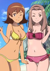 Rule 34 | 2girls, absurdres, aqua nails, arm at side, armpits, artist request, bangs pinned back, beach, bikini, breasts, brown eyes, cleavage, clenched hands, collarbone, digimon, digimon adventure tri., eyebrows, eyelashes, female focus, fingernails, friends, front-tie bikini top, front-tie top, gluteal fold, hair between eyes, hair ornament, hairband, hand up, happy, highres, leaning forward, legs, legs together, long fingernails, long hair, looking at viewer, medium breasts, medium hair, midriff, multiple girls, nail polish, navel, neck, ocean, official alternate costume, one eye closed, orange hair, outdoors, palm tree, parted bangs, pink bikini, pink hair, red nails, sidelocks, sky, smile, standing, summer, swept bangs, swimsuit, tachikawa mimi, takenouchi sora, thigh gap, thighs, tree, wink, yellow bikini