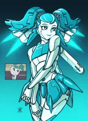 Rule 34 | 1girl, apoloniodraws, black hair, blue background, blue hair, blue skirt, head wings, highres, jenny wakeman, looking away, my life as a teenage robot, navel, robot, rocket, skirt, smile, solo, twintails, wings
