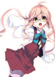 Rule 34 | 10s, 1girl, 7zu7, :o, ahoge, glasses, kantai collection, long hair, looking at viewer, makigumo (kancolle), open mouth, pantyhose, personification, pink hair, purple skirt, ribbon, skirt, sleeves past wrists, solo, yellow eyes