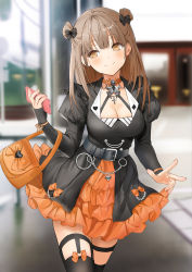 Rule 34 | 1girl, bag, belt, black belt, black bow, black dress, black thighhighs, blurry, blurry background, blush, bow, breasts, brown eyes, brown hair, cellphone, chain, choker, cleavage, closed mouth, commentary request, cowboy shot, cross, depth of field, double bun, dress, frilled dress, frills, gem, hair bow, hair bun, hand up, handbag, head tilt, heart, holding, holding phone, jewelry, juliet sleeves, layered dress, lloule, long hair, long sleeves, looking at viewer, medium breasts, necklace, orange bag, orange bow, orange choker, original, phone, puffy sleeves, sleeves past wrists, smartphone, smile, solo, thighhighs, zettai ryouiki