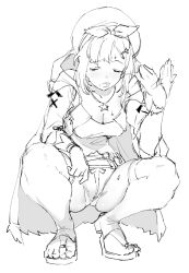 Rule 34 | 1girl, atelier (series), atelier ryza, atelier ryza 1, closed eyes, full body, greyscale, monochrome, open mouth, reisalin stout, short shorts, shorts, sketch, solo, squatting, sunao (souis), sweat, thighs, white background