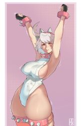 Rule 34 | 1girl, :t, ahoge, armpits, arms up, bracelet, breasts, closed eyes, collar, covered erect nipples, covered navel, elphelt valentine, fingerless gloves, gloves, guilty gear, guilty gear strive, hairband, hexprinxess, highleg, highleg leotard, highres, huge ahoge, jewelry, large breasts, leotard, short hair, sideboob, solo, spiked bracelet, spiked collar, spiked gloves, spiked hairband, spiked thighlet, spikes, stretching, thick thighs, thighhighs, thighs