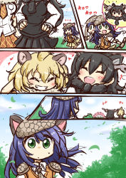 Rule 34 | +++, 10s, 3girls, afterimage, animal ears, antlers, armadillo ears, armadillo tail, armor, blonde hair, blue hair, blush, brown hair, chibi, chibi inset, closed eyes, closed mouth, comic, deerstalker, elbow pads, giant armadillo (kemono friends), hat, highres, horns, kemono friends, lion (kemono friends), lion ears, long hair, moose (kemono friends), moose ears, multiple girls, necktie, open mouth, pleated skirt, scarf, sekiguchi miiru, skirt, sweater, sweater vest, translation request, vest