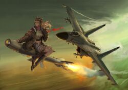 Rule 34 | 1girl, absurdres, aircraft, airplane, blonde hair, blue eyes, bomber jacket, boots, canopy (aircraft), fighter jet, goggles, goggles on head, highres, jacket, jet, long hair, military, military vehicle, mirroraptor, missile, pilot suit, reverse:1999, riding, scarf, short shorts, shorts, star (symbol), su-27