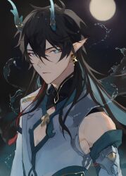 Rule 34 | 1boy, black background, black hair, blue eyes, chinese clothes, closed mouth, dan heng (honkai: star rail), dan heng (imbibitor lunae) (honkai: star rail), detached sleeves, dragon boy, dragon horns, earrings, eyeliner, full moon, green horns, highres, honkai: star rail, honkai (series), horns, jewelry, kichi owo, long hair, looking at viewer, male focus, moon, night, outdoors, pointy ears, red eyeliner, shirt, solo, upper body, water, white shirt