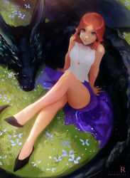 Rule 34 | 1girl, arm support, bare arms, bare legs, bare shoulders, breasts, crossed legs, dragon, grey eyes, jewelry, looking at viewer, looking up, medium hair, necklace, red hair, ross tran, sleeping, small breasts, thighs