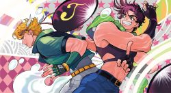 Rule 34 | 2boys, aqua eyes, argyle, bare shoulders, battle tendency, belt, black belt, black gloves, blonde hair, blue pants, bola (weapon), brown hair, bubble, caesar anthonio zeppeli, clacker, closed mouth, clothing cutout, commentary request, crop top, denim, facial mark, fingerless gloves, gloves, green gloves, green jacket, green scarf, grin, hand up, headband, hydrokinesis, index finger raised, jacket, jeans, jojo no kimyou na bouken, joseph joestar, joseph joestar (young), korean commentary, light smile, looking at another, macaroni (piyo4508), male focus, midriff, multiple boys, navel, pants, scarf, short hair, sideways glance, sleeveless, smile, star (symbol), striped clothes, striped scarf, triangle print, water, white pants, wing hair ornament