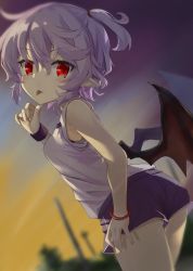 Rule 34 | 1girl, akisome hatsuka, alternate costume, alternate hairstyle, ass, bat wings, black wings, cowboy shot, gradient sky, looking at viewer, one side up, outdoors, pointy ears, purple hair, red eyes, remilia scarlet, shirt, short hair, sky, sleeveless, sleeveless shirt, solo, tongue, tongue out, touhou, white shirt, wings, wristband
