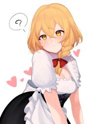 Rule 34 | 1girl, :&lt;, ?, apron, back bow, black dress, blonde hair, blush, bow, braid, breasts, commentary, corset, crossed bangs, dress, grey apron, grey bow, grey shirt, hair between eyes, hair bow, heart, highres, kirisame marisa, looking to the side, majime joe, mandarin collar, medium breasts, no headwear, puffy short sleeves, puffy sleeves, red bow, shirt, short hair, short sleeves, simple background, single braid, solo, speech bubble, standing, symbol-only commentary, touhou, white background, yellow eyes