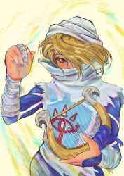 Rule 34 | 1girl, absurdres, androgynous, bandages, blonde hair, blush, emipon244, highres, long sleeves, looking at viewer, lyre, mask, nintendo, red eyes, sheik, sheikah, standing, surcoat, the legend of zelda, the legend of zelda: ocarina of time, turban, white headwear