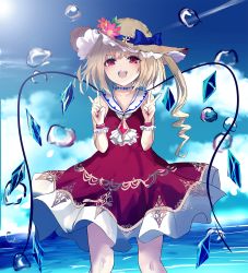 Rule 34 | 1girl, :d, adapted costume, bad id, bad pixiv id, blonde hair, blue bow, blue choker, blue sailor collar, bow, brown hat, bubble, choker, crystal, double v, dress, fingernails, flandre scarlet, flower, green night, hands up, hat, hat bow, hat flower, leaf, long hair, looking at viewer, mob cap, nail polish, open mouth, orange flower, pink flower, red dress, red eyes, red nails, sailor collar, sailor dress, side ponytail, smile, solo, sun hat, teeth, touhou, v, water, white flower, wings, wristband, yellow flower