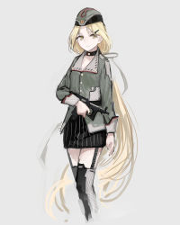 Rule 34 | 1girl, absurdly long hair, beige background, black skirt, blonde hair, buttons, choker, closed mouth, cropped legs, feet out of frame, garrison cap, garter straps, girls&#039; frontline, green hat, green jacket, grey background, gun, hair ornament, hairclip, handgun, hat, highres, holding, holding weapon, jacket, long hair, machine pistol, miniskirt, personal defense weapon, pinstripe pattern, pistol, ponytail, pp-2000, pp-2000 (girls&#039; frontline), rampart1028, simple background, skirt, sleeve cuffs, solo, standing, striped, submachine gun, very long hair, weapon, yellow eyes