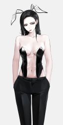 Rule 34 | 1girl, absurdres, animal ears, bad id, bad twitter id, bare shoulders, black hair, black leotard, black pants, breasts, brown eyes, cigarette, cleavage, collarbone, fake animal ears, feet out of frame, hands in pockets, highres, leotard, long hair, looking at viewer, medium breasts, meme attire, mole, mole under eye, navel, open mouth, original, pants, playboy bunny, rabbit ears, sabotensuteeki, see-through, see-through leotard, simple background, smoking, solo, standing, strapless, teeth, translucent bunnysuit, upper teeth only, white background