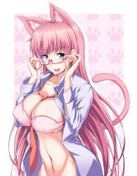 Rule 34 | 1girl, animal ears, asa (xametaler), between breasts, blush, bra, breasts, cat ears, cat tail, glasses, jewelry, large breasts, lingerie, long hair, naughty face, navel, necktie, open clothes, open mouth, original, pink bra, pink hair, purple eyes, narrow waist, solo, tail, toned, underwear