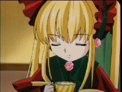 Rule 34 | 00s, 1girl, animated, animated gif, blonde hair, blue eyes, cup, drinking, eyebrows, lowres, rozen maiden, screencap, shinku, solo, teacup