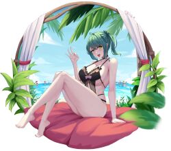 Rule 34 | absurdres, azur lane, beach, black one-piece swimsuit, breasts, cleavage, dead or alive, dead or alive 6, dead or alive xtreme, fellatio gesture, full body, grayfoxpochi, green hair, highres, large breasts, looking at viewer, manjuu (azur lane), multicolored hair, official alternate costume, ok sign, one-piece swimsuit, round image, sitting, streaked hair, swimsuit, tamaki (doa), tamaki (venus shower time) (doa)