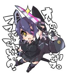 Rule 34 | 10s, :3, breasts, chibi, crazy developers, eyepatch, fang, gloves, kantai collection, large breasts, necktie, purple hair, robot ears, solo, sword, tenryuu (kancolle), thighhighs, weapon, yellow eyes, zettai ryouiki