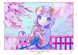 Rule 34 | 1girl, bird, blue sky, blunt bangs, blurry, blurry foreground, border, cherry blossoms, closed mouth, cloud, commentary, cowboy shot, cup, flower, green eyes, hair flower, hair ornament, highres, holding, holding cup, japanese clothes, kiato, kimono, long sleeves, looking at viewer, original, outdoors, penguin, petals, pink flower, purple kimono, short hair, sky, smile, solo, symbol-only commentary, white border, wide sleeves, yunomi, yunomi (musician)
