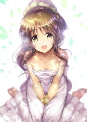 Rule 34 | 1girl, :d, bare arms, bare shoulders, barefoot, between legs, blurry, blush, breasts, collarbone, dappled sunlight, depth of field, dress, feet, flower, frilled dress, frills, from above, hair flower, hair ornament, hand between legs, head tilt, idolmaster, idolmaster cinderella girls, knees together feet apart, long hair, looking at viewer, looking up, ment, open mouth, own hands together, ponytail, shiny skin, sidelocks, simple background, sitting, small breasts, smile, solo, strapless, strapless dress, sunlight, takamori aiko, tareme, v arms, wariza, white background, white dress, yellow eyes